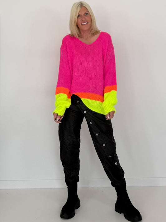 V-neck jumper - neon pink multi-coloured