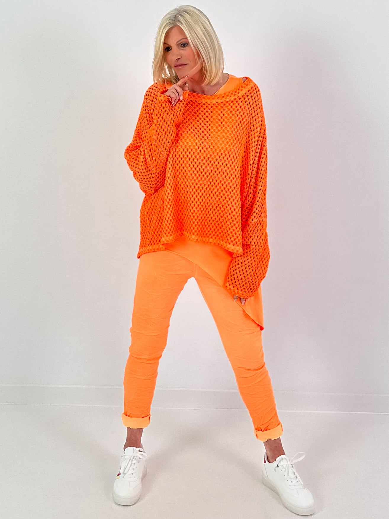 Crochet sweater with back cut-out - neon orange