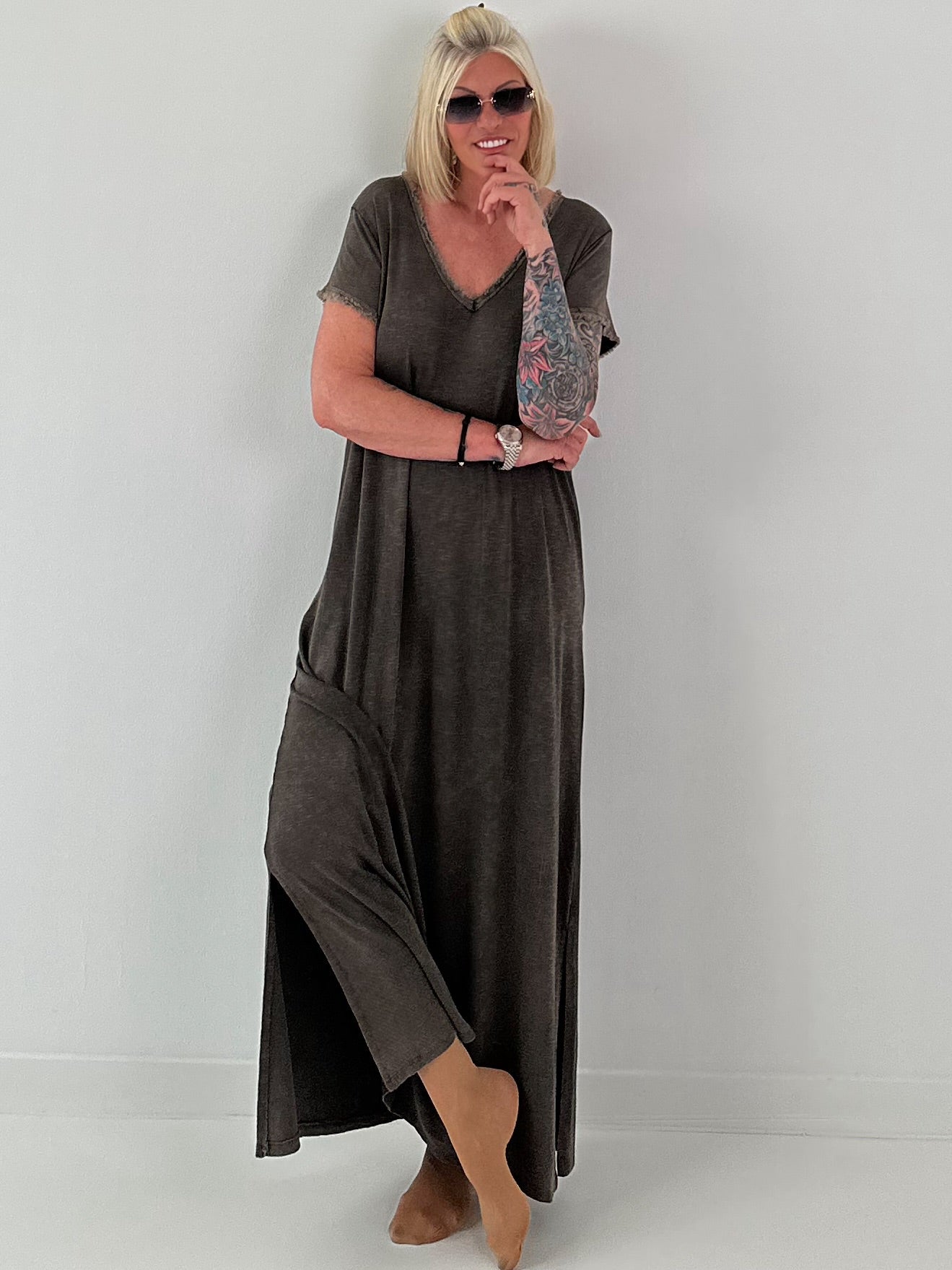 Maxi Kleid mit fransigen Abschlüssen - schoko