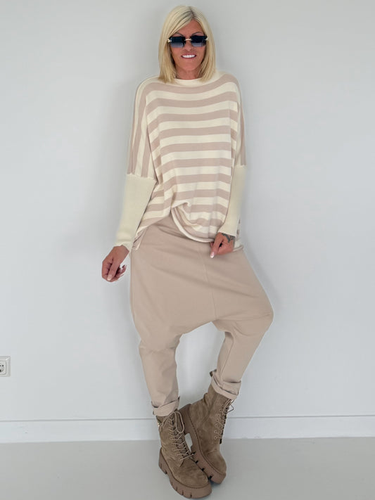 Striped Sweater with Bell Sleeves - cream-taupe