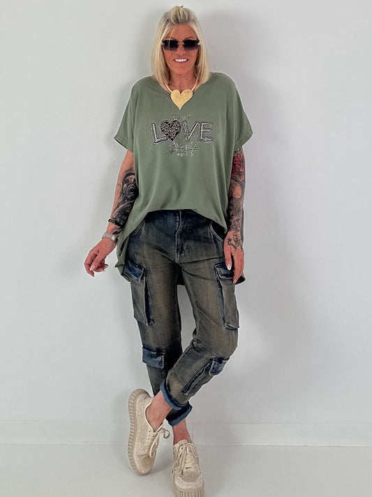 T-Shirt mit Strassdetail - oliv