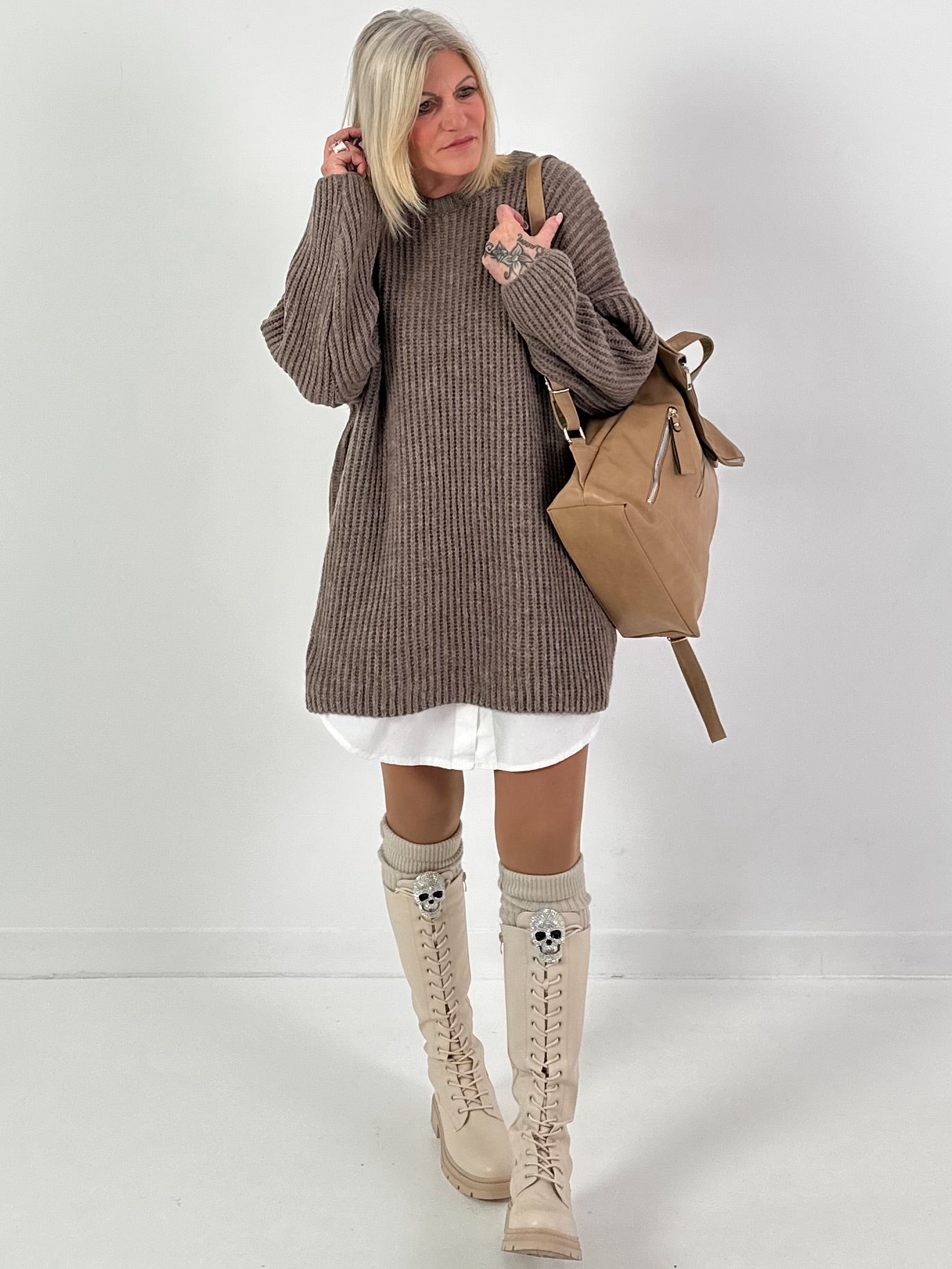 Long sweater model "Rib Relaxe" - taupe