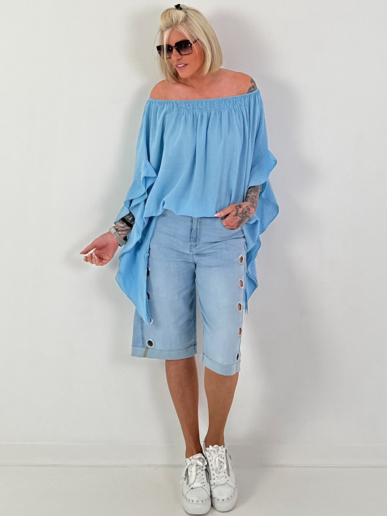 Tunic with side ruffles - light blue