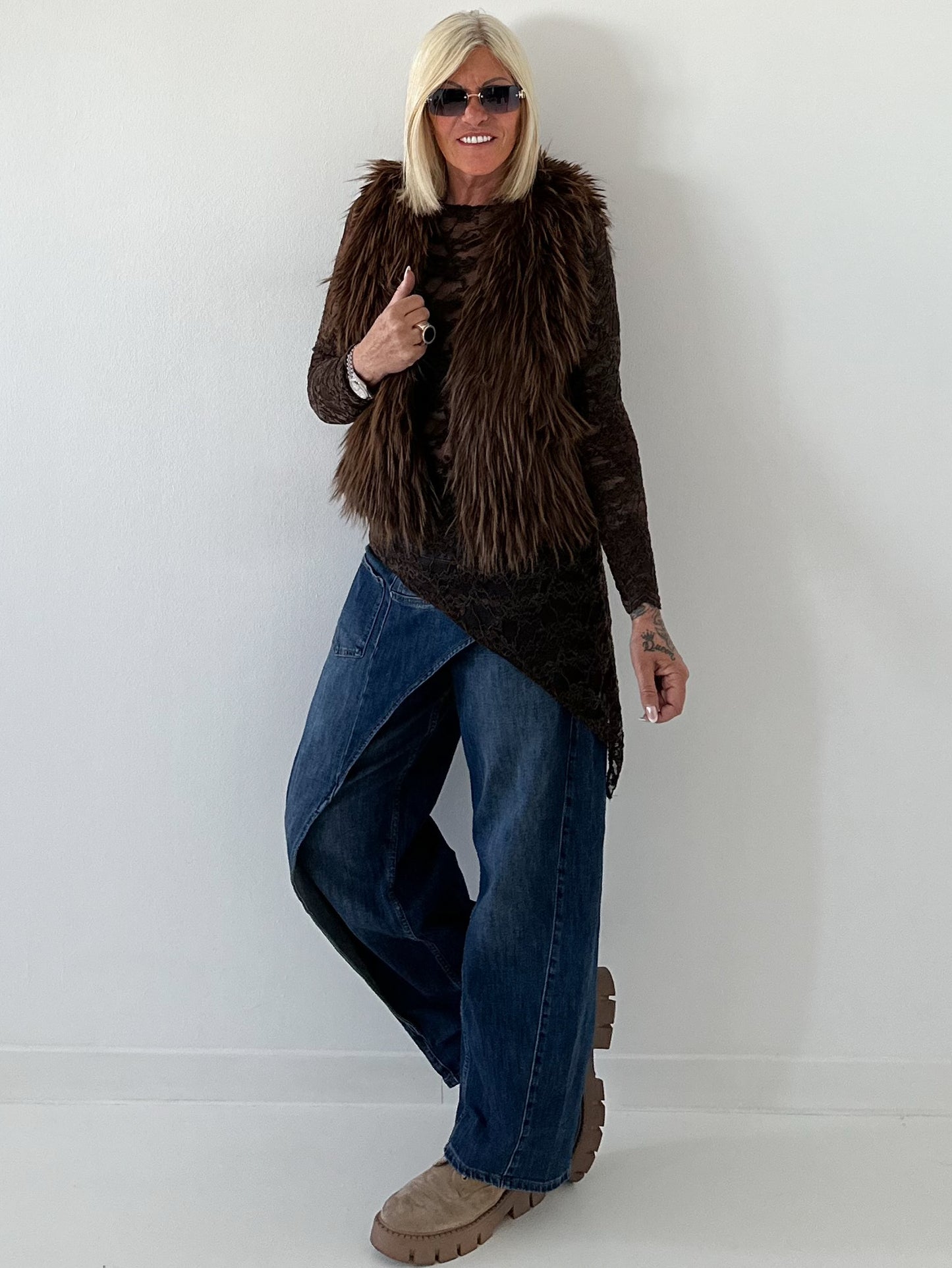 Stylische fake Fell Weste - mokka