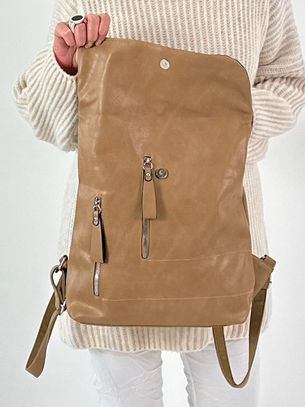 Leather-look backpack, model "City Fold" - taupe