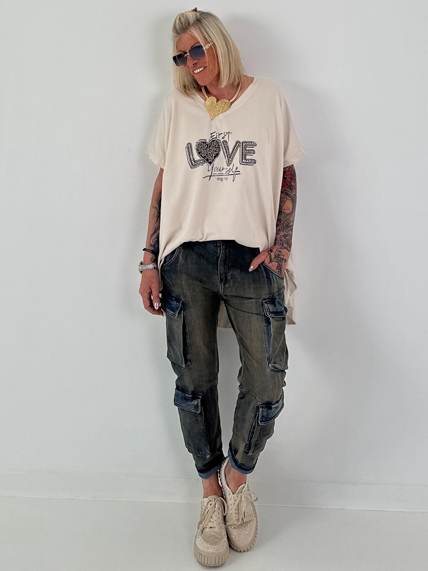 T-Shirt mit Strassdetail - beige