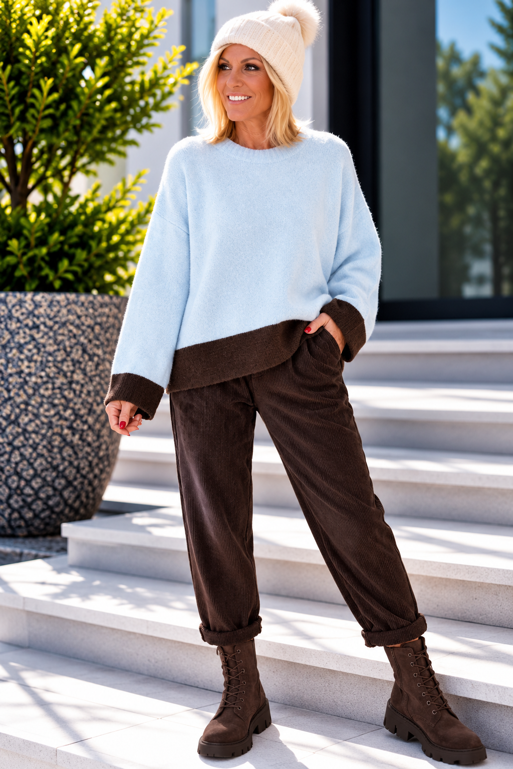 Pullover mit Kontrastsaum - hellblau-mokka