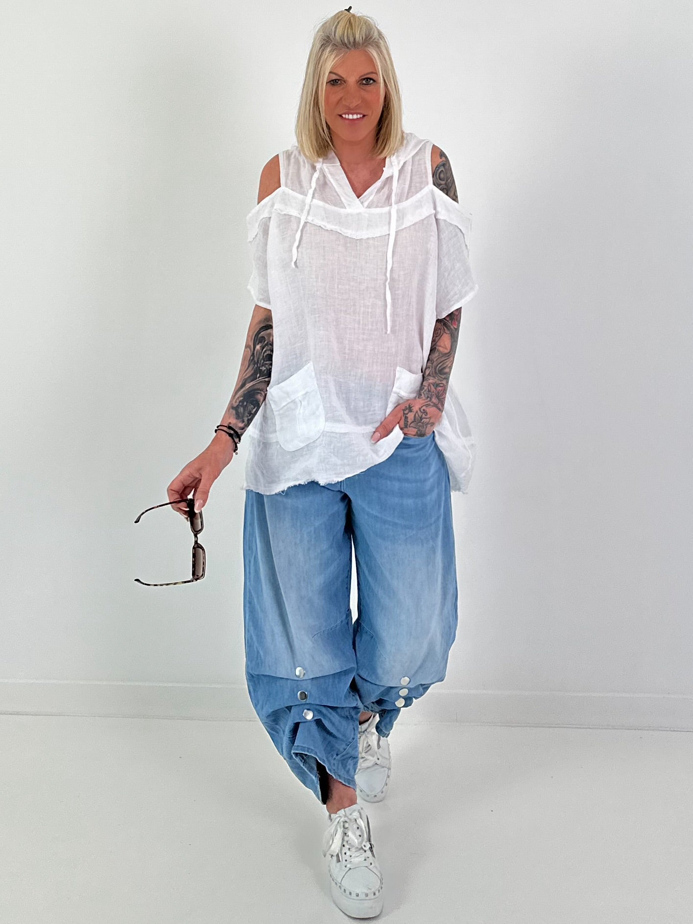 Linen Shirt with Off-Shoulder Cut-Outs - White