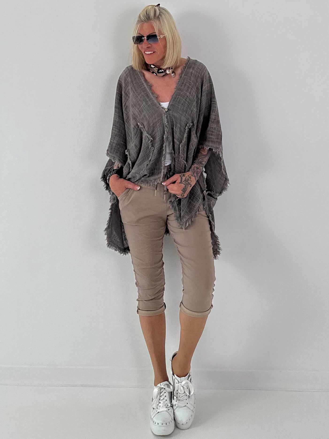 Leinen Poncho Jacke - taupe