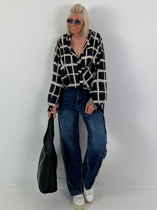 Lichte blouse met grafische print - zwart - beige