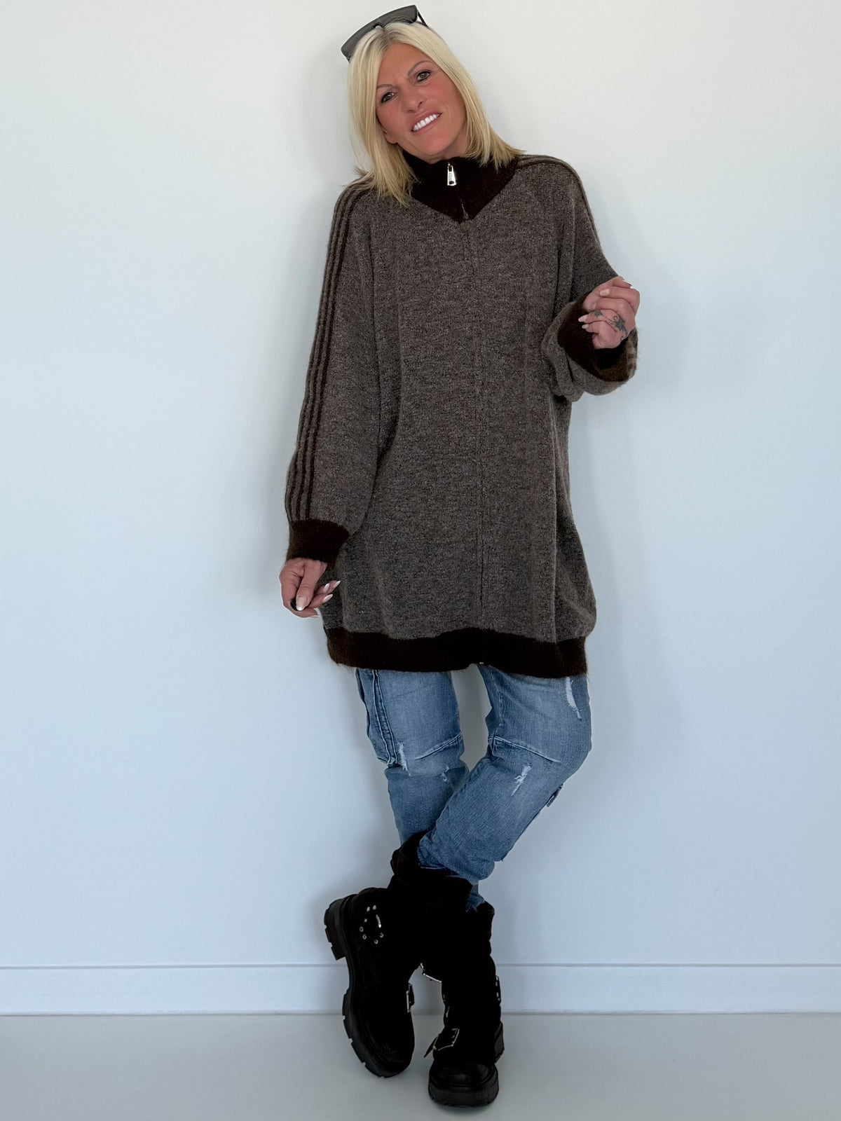 Oversized Long-Strickjacke mit Streifen - dark-chocolate-mokka