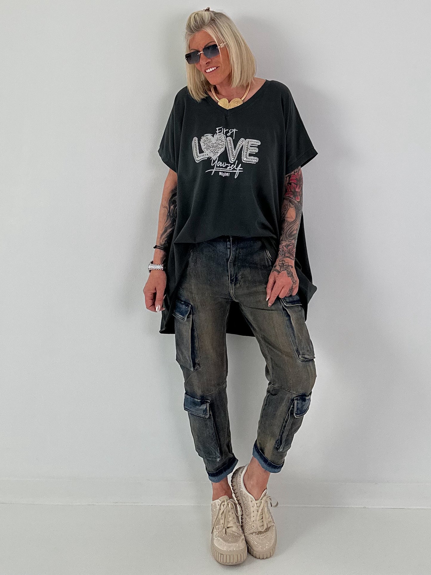 T-Shirt mit Strassdetail - anthrazit
