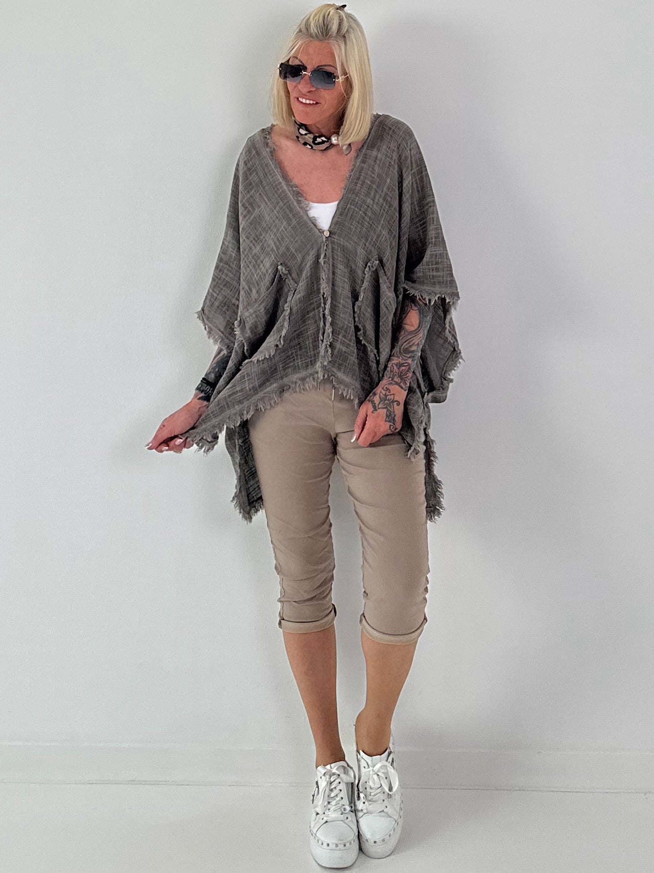Leinen Poncho Jacke - taupe