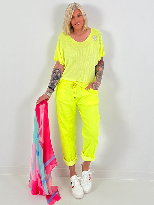 Feinstrick Shirt mit Brosche - neongelb