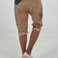 Short baggy shorts with crocheted flowers and sequins - camel