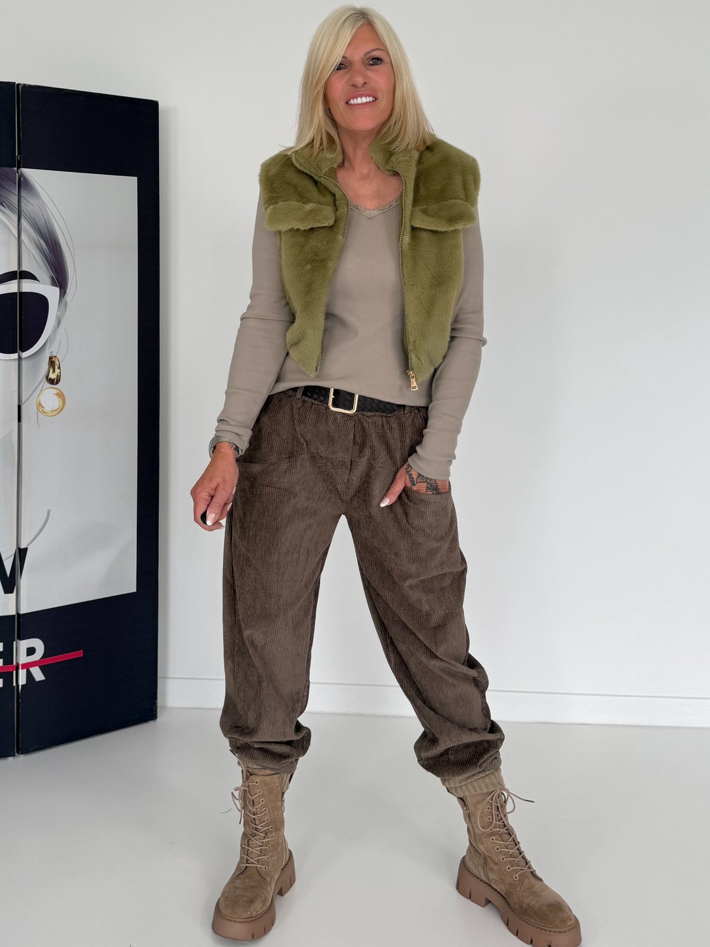 Gilet in behaaglijke bontlook - olijf