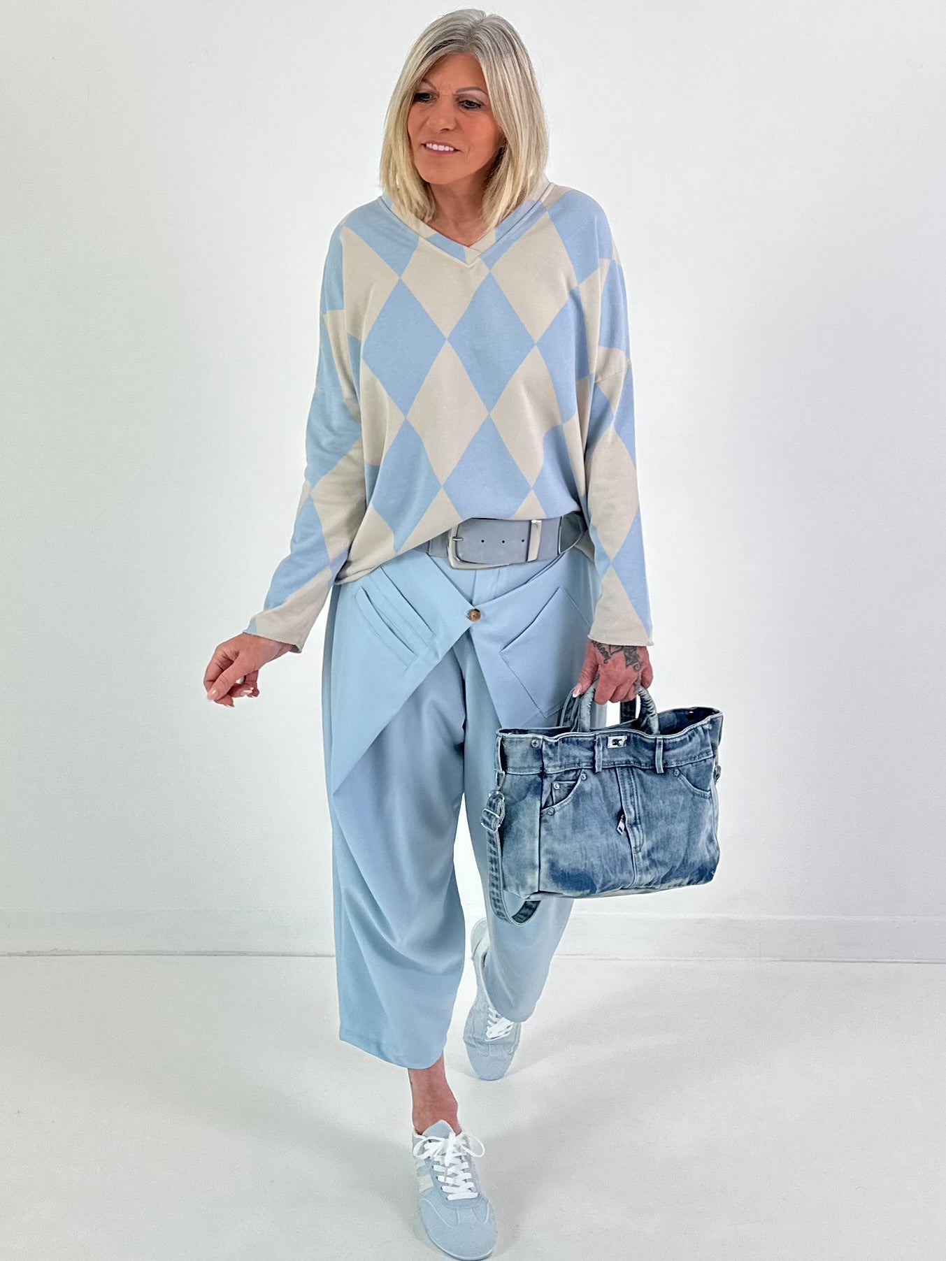 Sweater im Rautenmuster - beige-hellblau