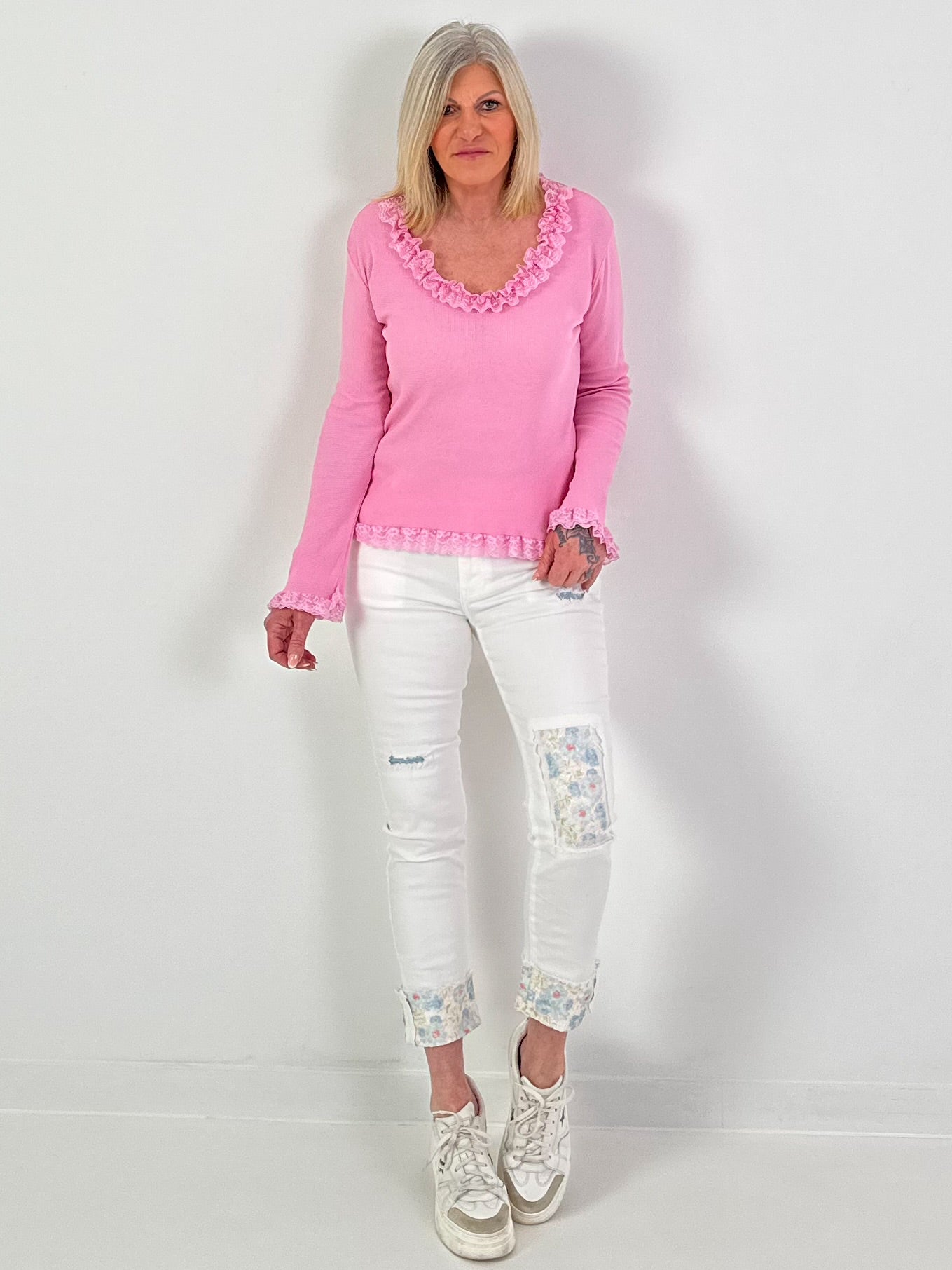 Blouse met kanten ruches - roze