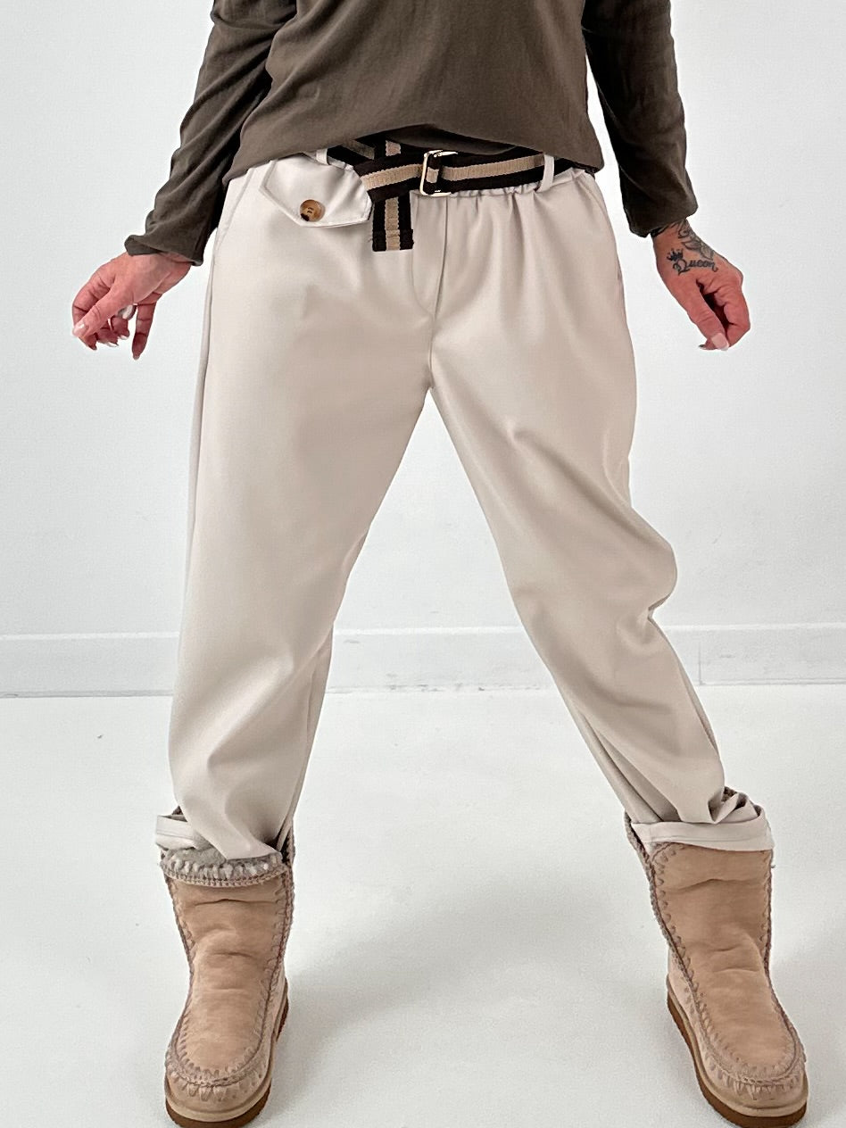 Leather-look trousers, model "Cream Flow" - beige