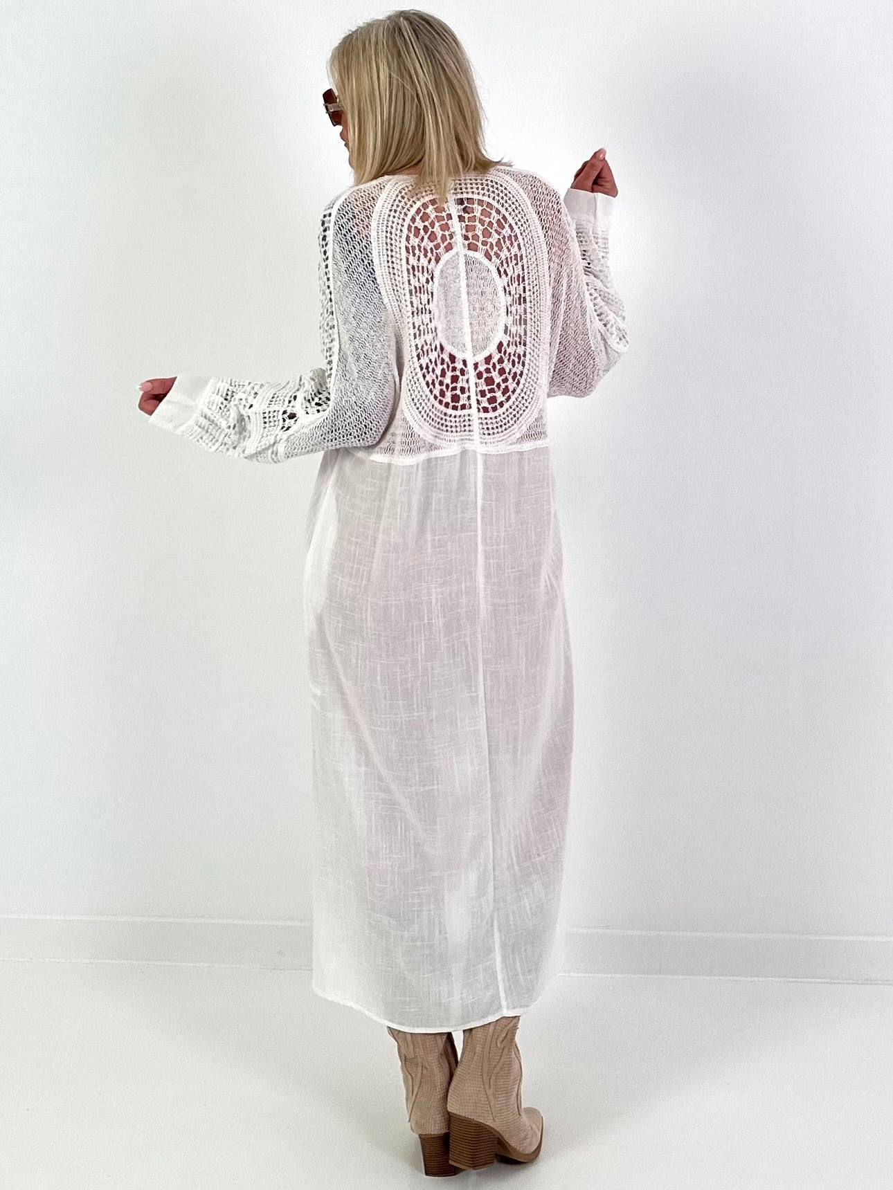 Linen Dress with Crochet Inserts - White