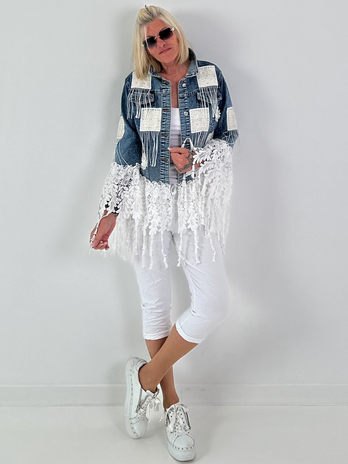 Boho Jeansjacke mit aufwendigen  Details - denim-weiss