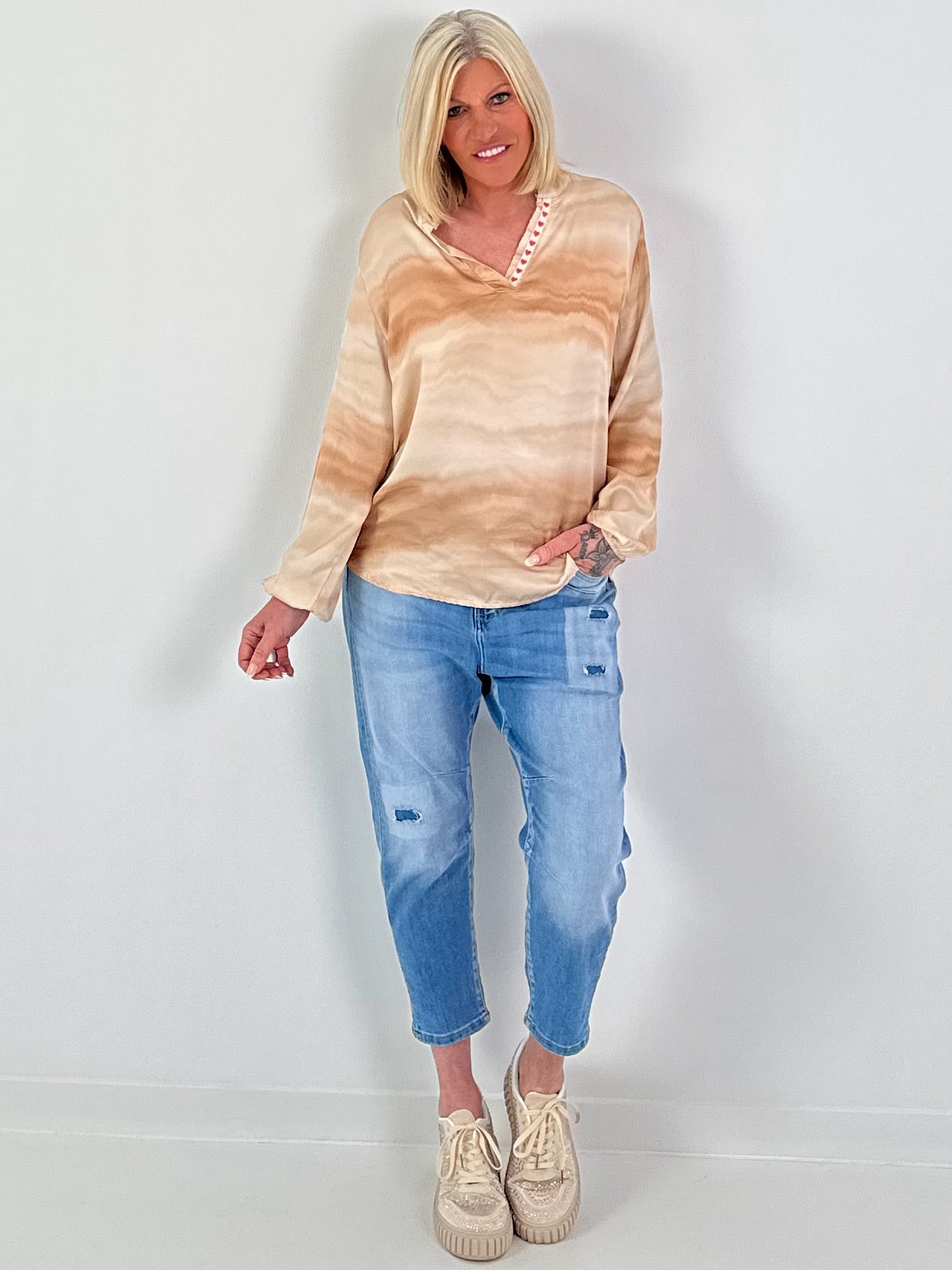 Silk tunic with gradient and heart details - beige multi-colored