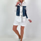 Blouse with denim and rhinestone details - white-blue