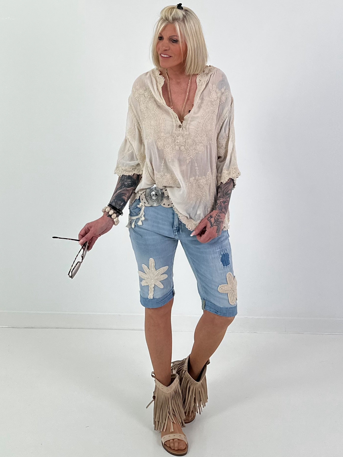 Boho Tunic with Crochet Appliqués - Beige