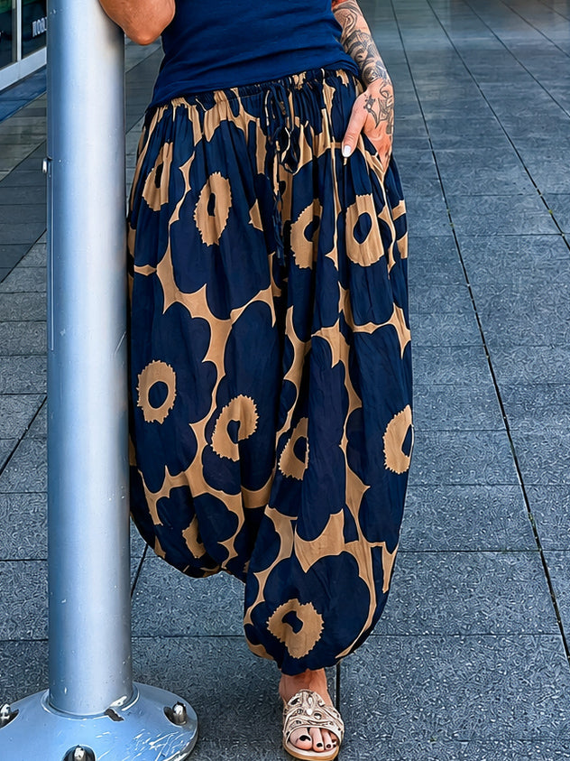 Leichte Pumphose mit floralem Print  - blau-camel