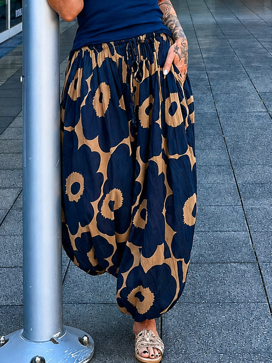 Leichte Pumphose mit floralem Print  - blau-camel