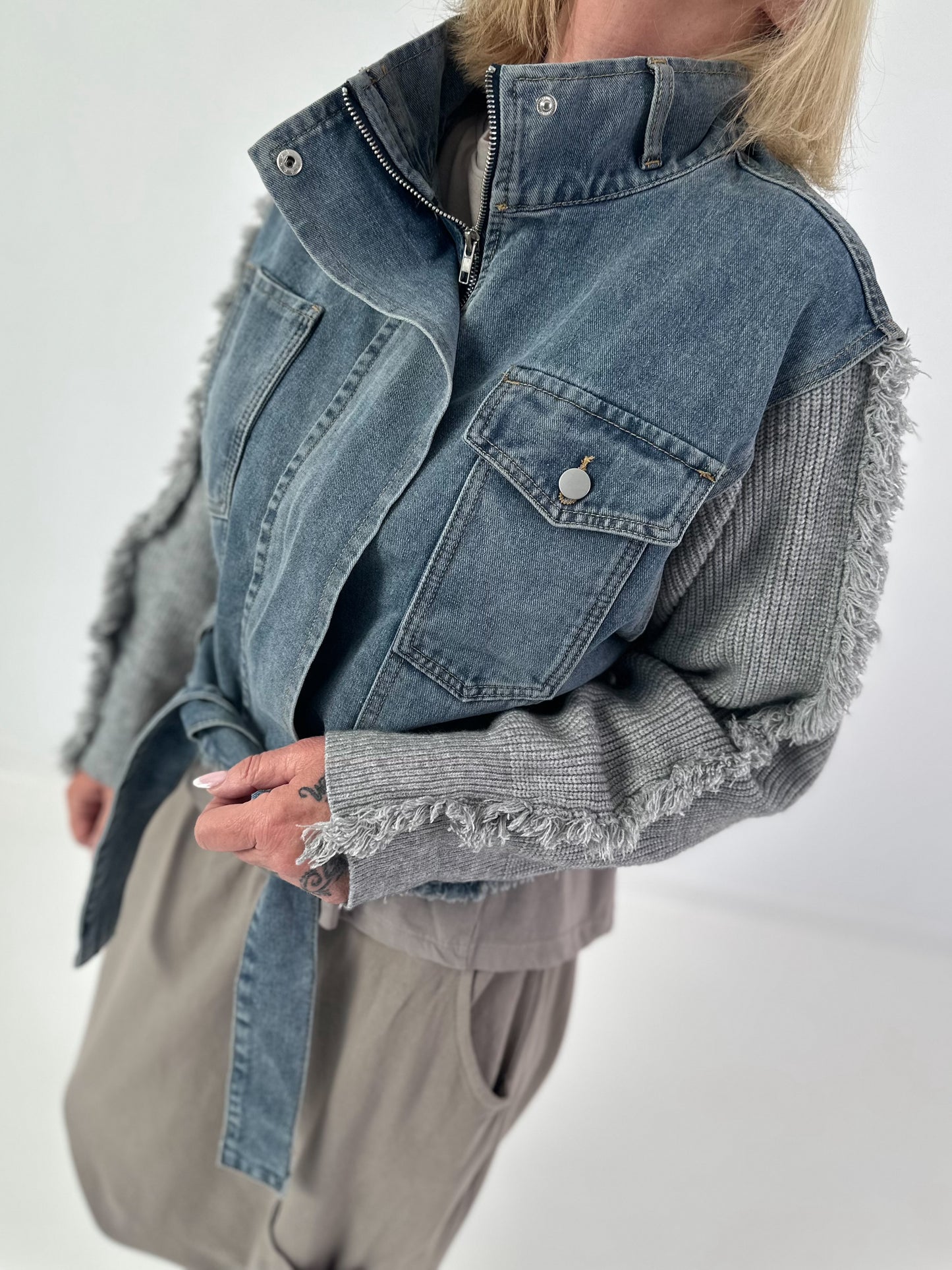 Jeansjacke mit Strickärmeln - denim-grau