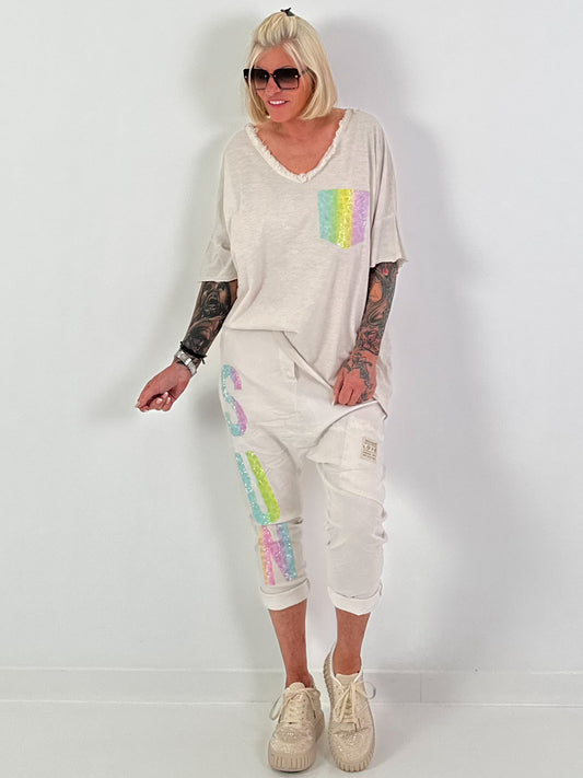 T-shirt with glitter patch - beige