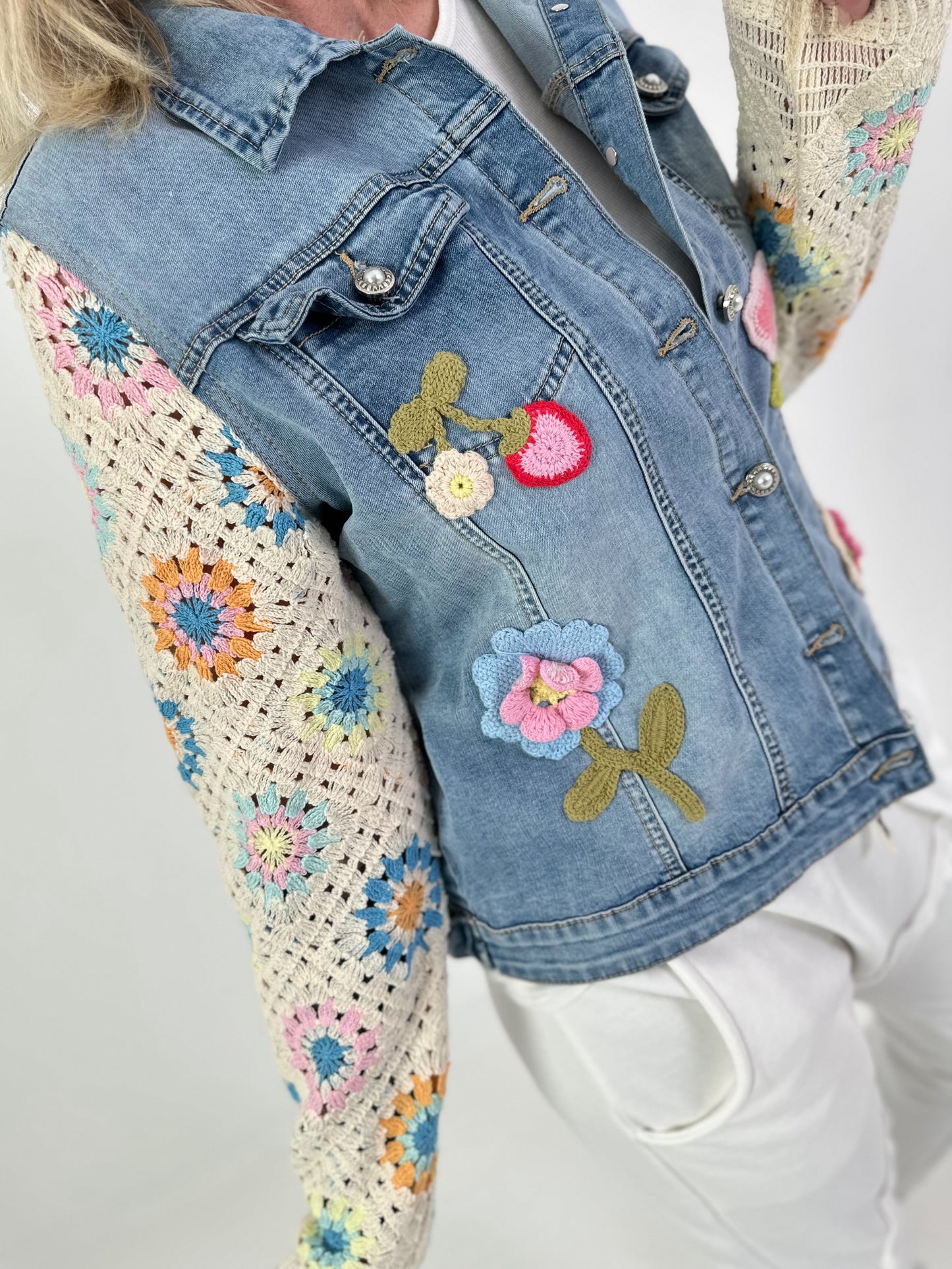 Denim jacket with crocheted sleeves - denim
