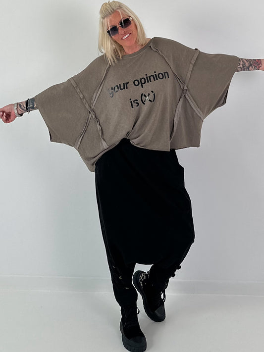 Oversized gebreid shirt met statementprint - taupe