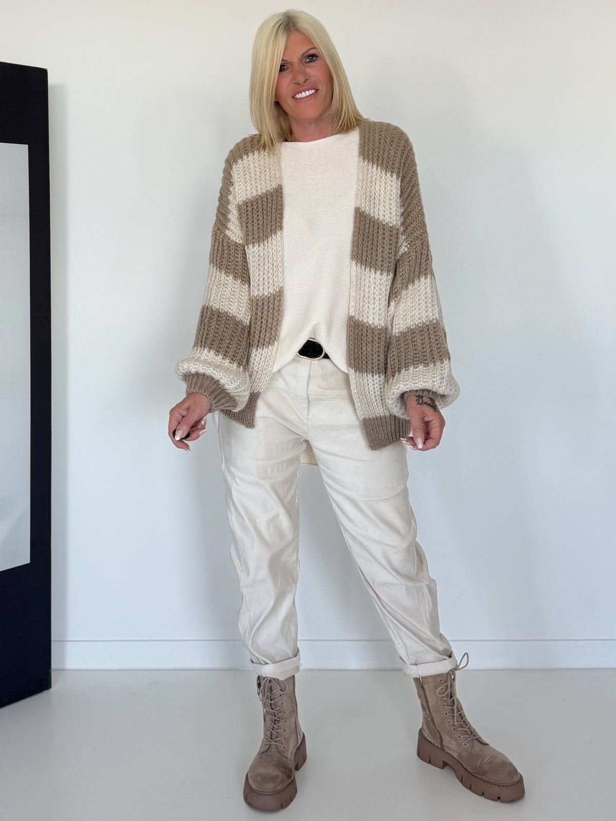 Strickjacke mit Blockstreifen - beige-taupe
