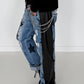 Boyfriend Jeans mit allover Sternen-Print und Ledereinsätzen - schwarz-denim