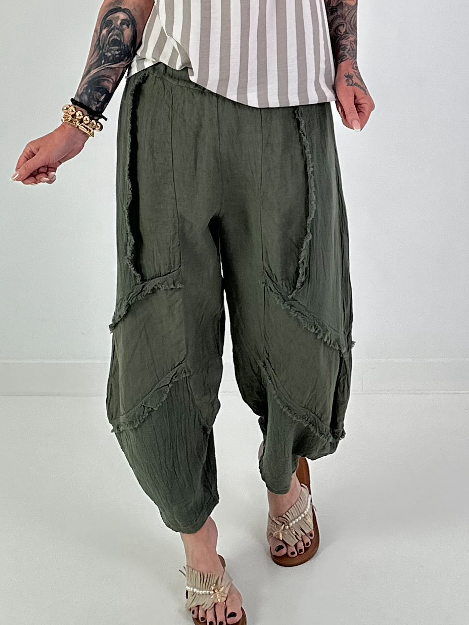 Ballon Leinen Hose mit Fransen Details - khaki