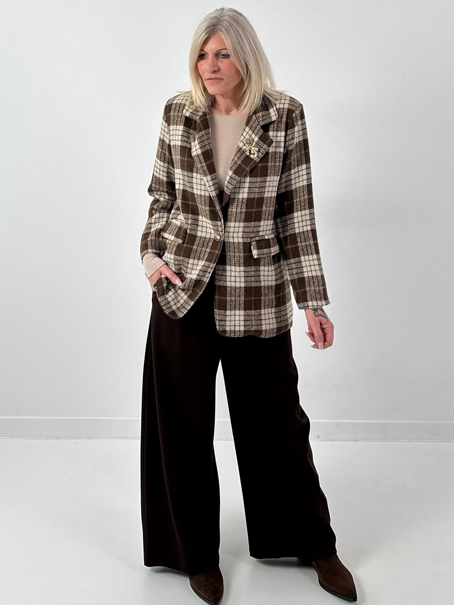 Geruit wollen blazer, model "Royal Check" - chocolade-veelkleurig