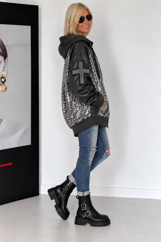Jacke im Materialmix mit Pailletten und Strasskreuz - anthrazit