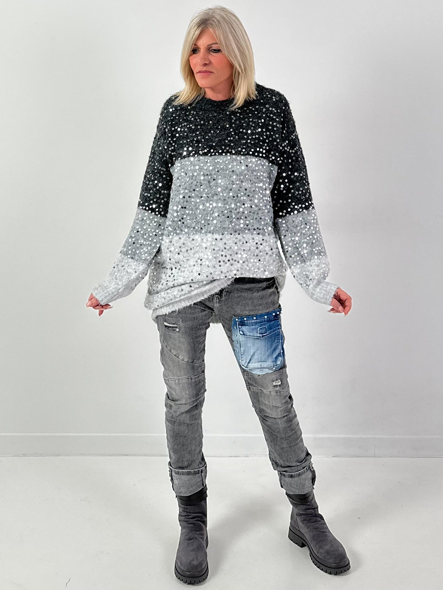Long pullover model "Block Spark" - grey-multicoloured