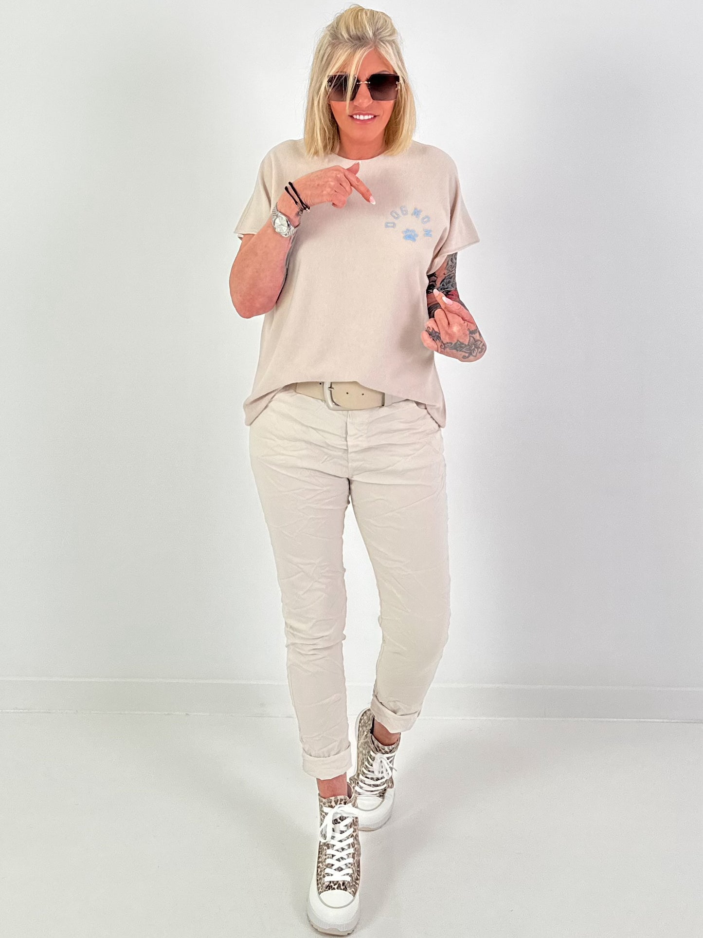 Fine Knit Dog Mom Shirt - Beige