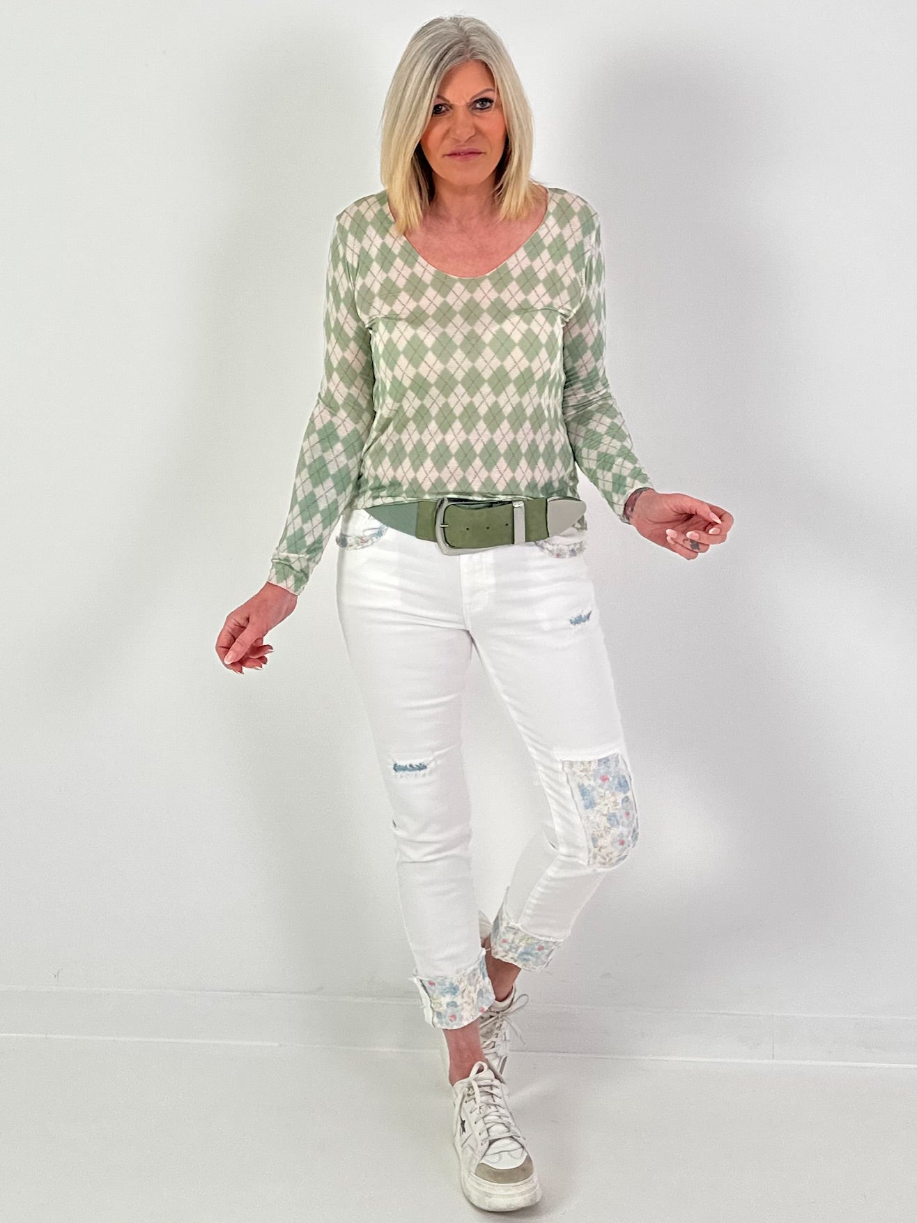 Shirt mit Rautenmuster - grün-weiss