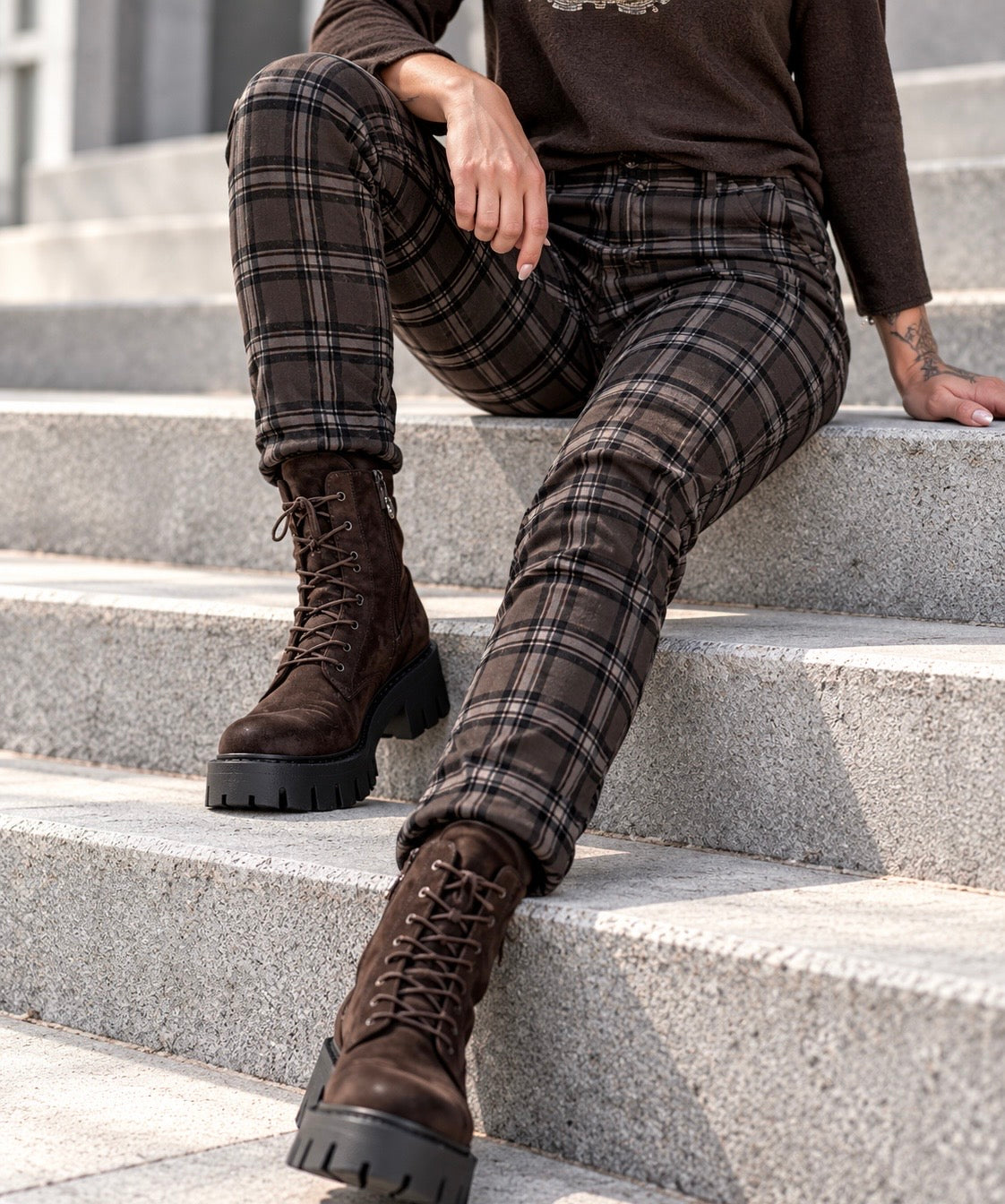Hose im Karo-Look - mokka-mehrfarbig