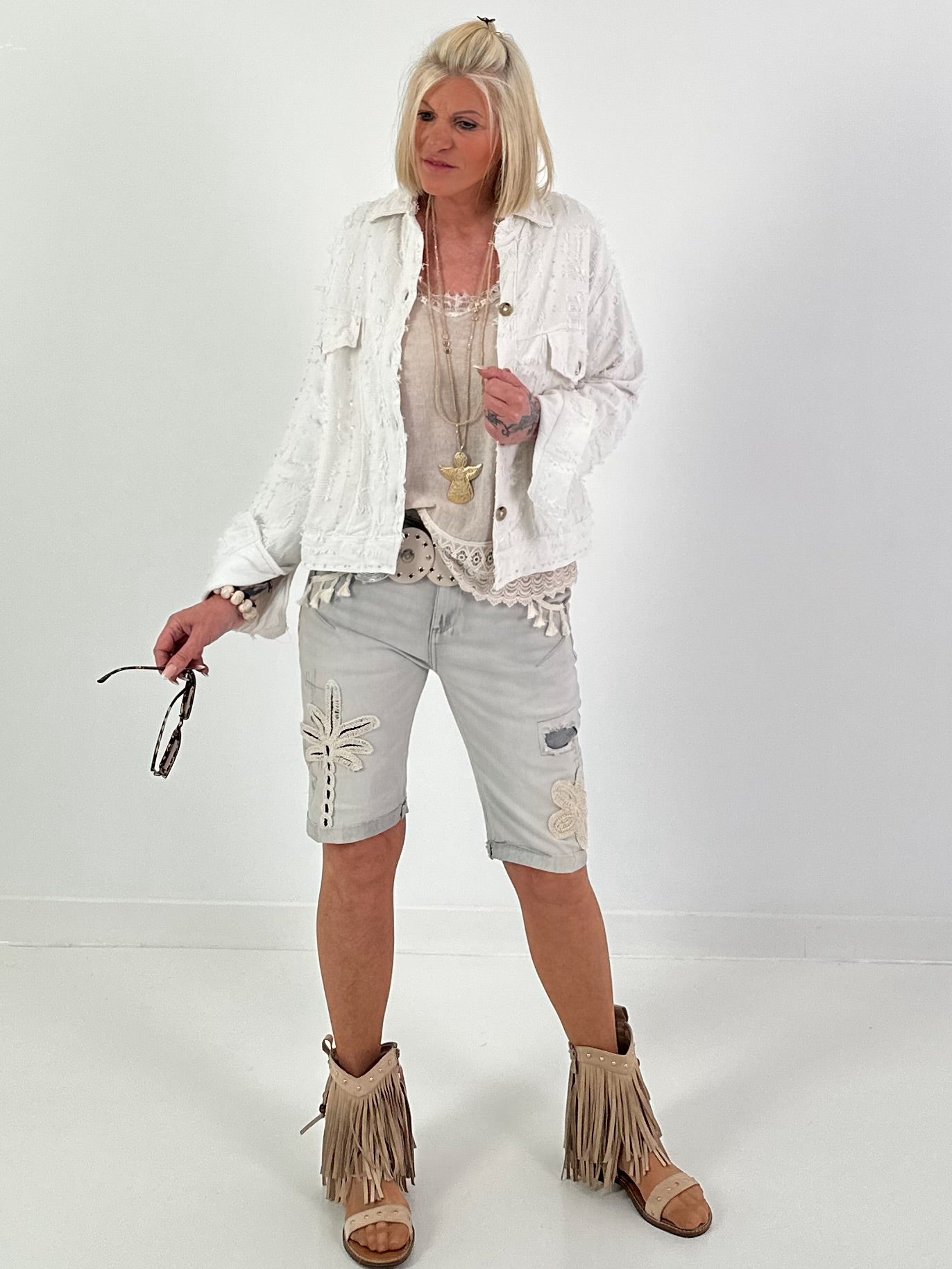 Boho Jacke mit Paillettendetails - weiss