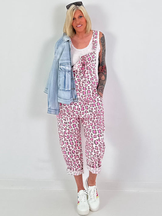 Latzhose Leo - neonpink-beige