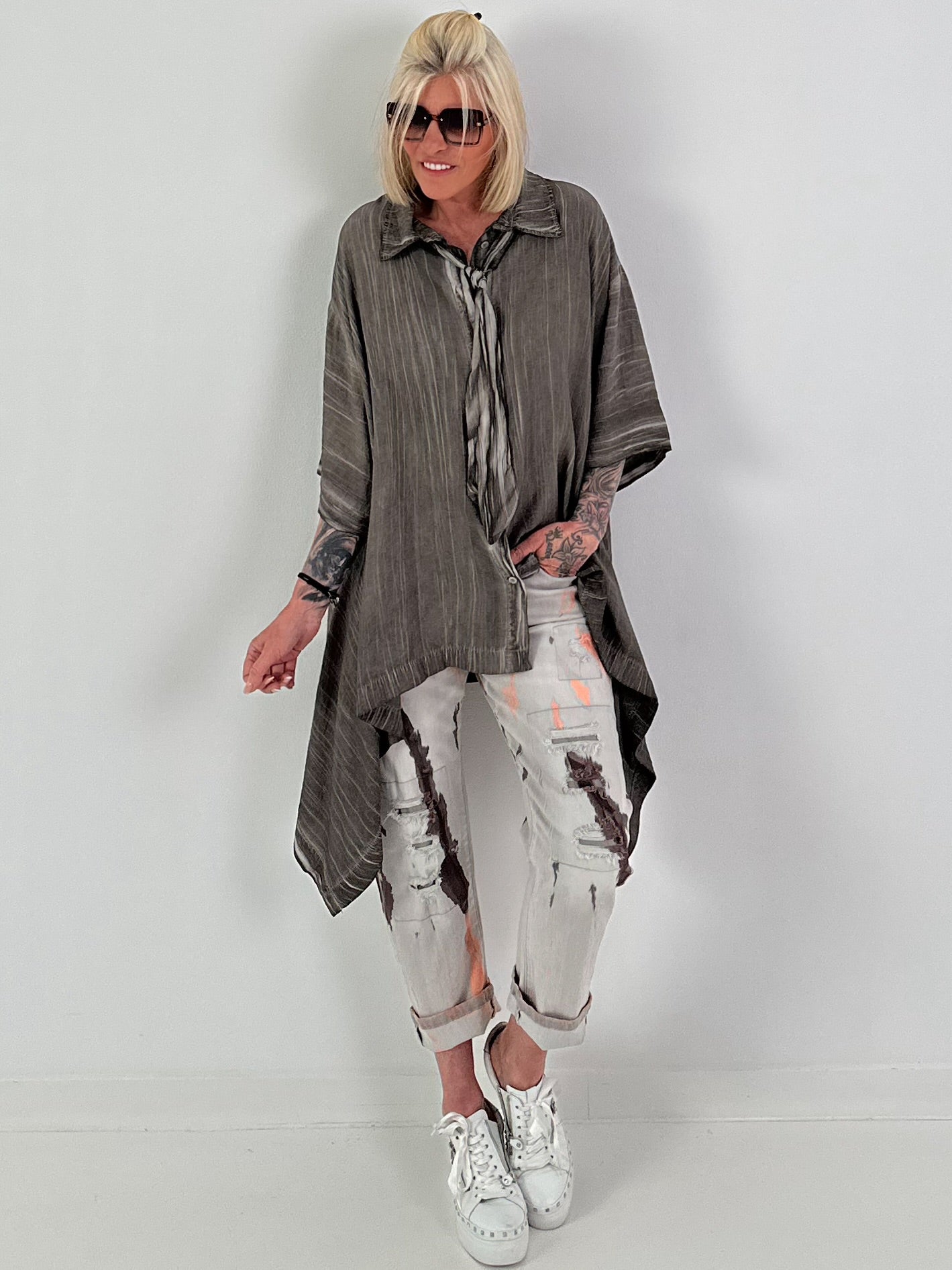 Oversized asymmetric blouse with tie - chocolate