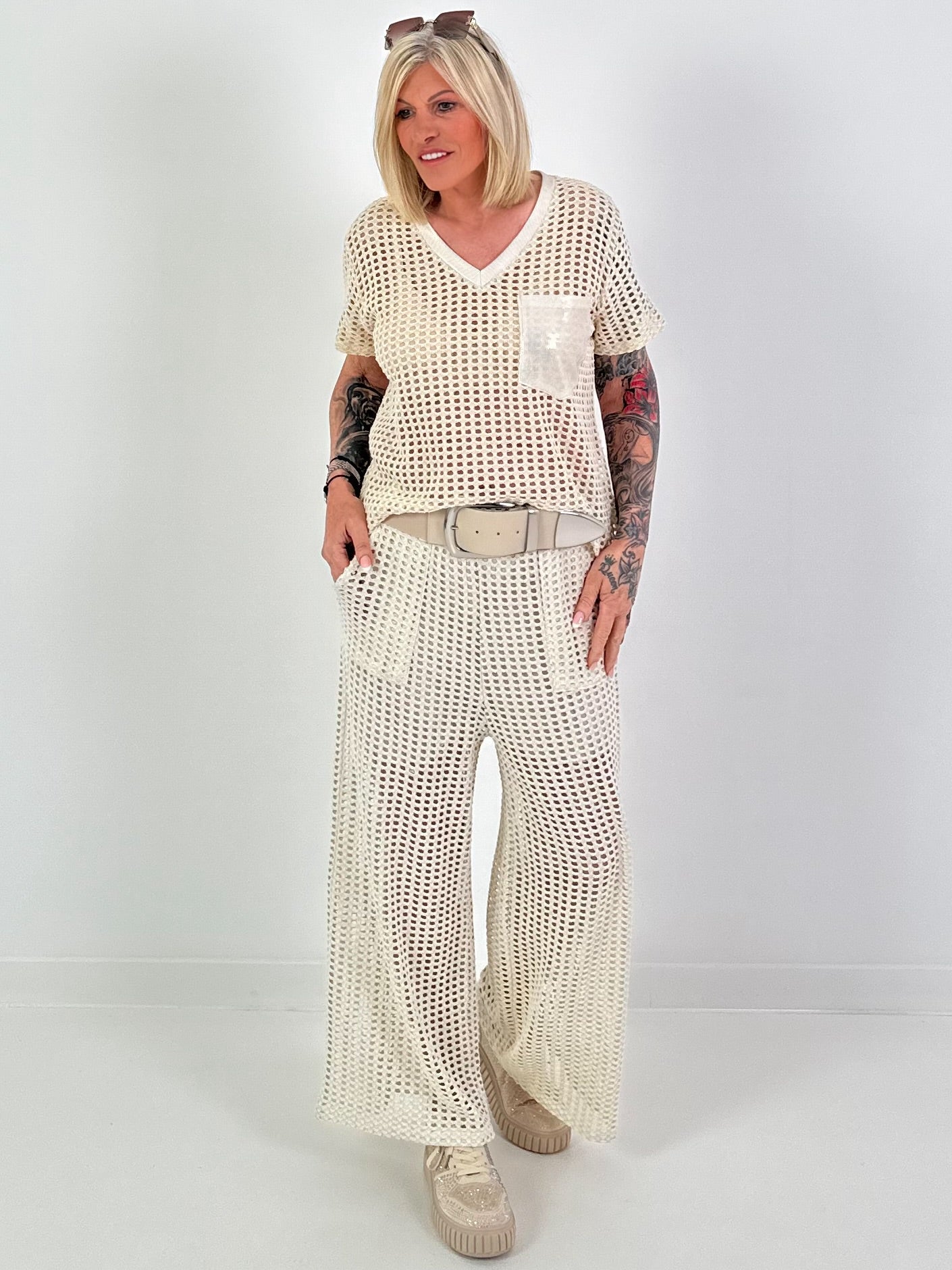 Crochet Top with Lurex - beige
