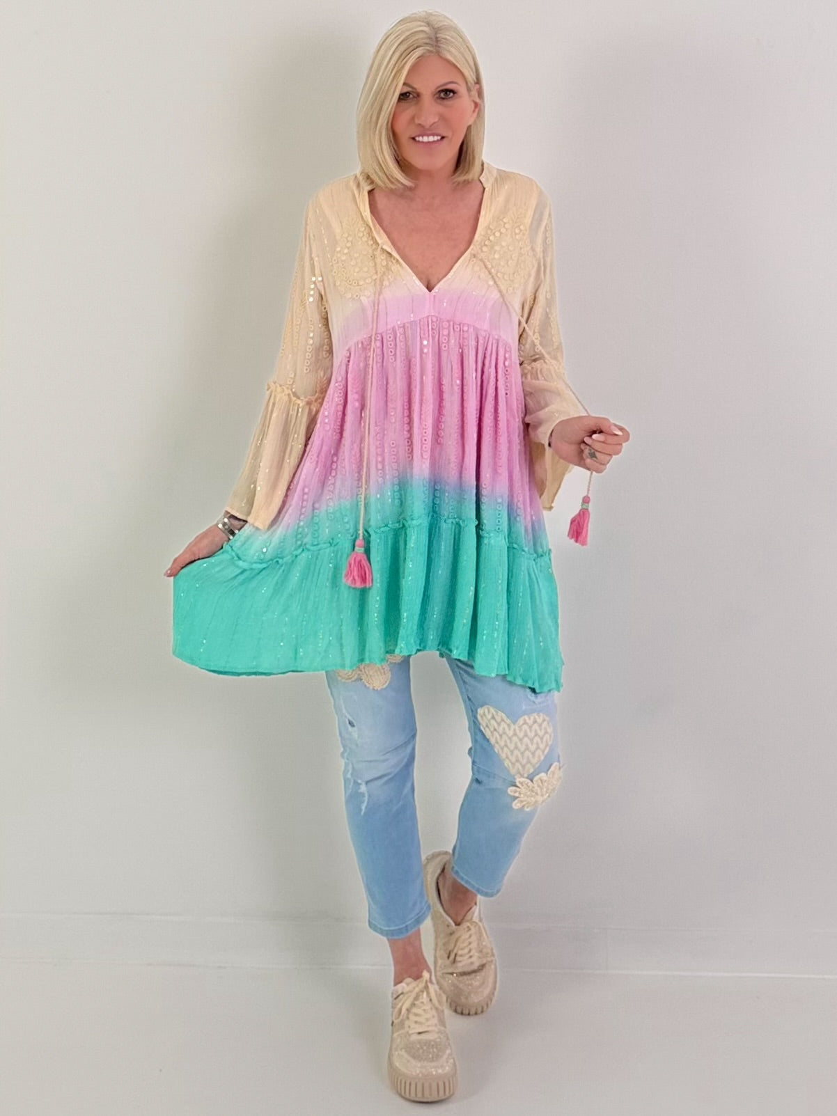 Ibiza Tunika/Kleid mit Lurexnähten - beige-rosa-türkis