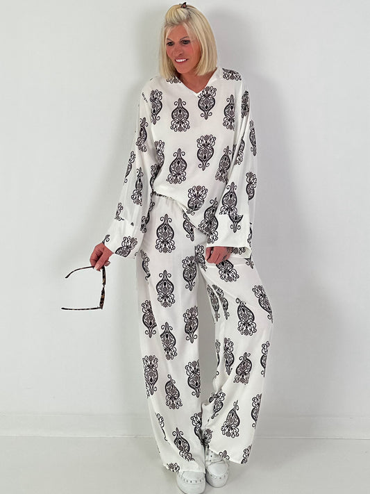 Zweiteiler mit Ornament Print - schwarz-creme