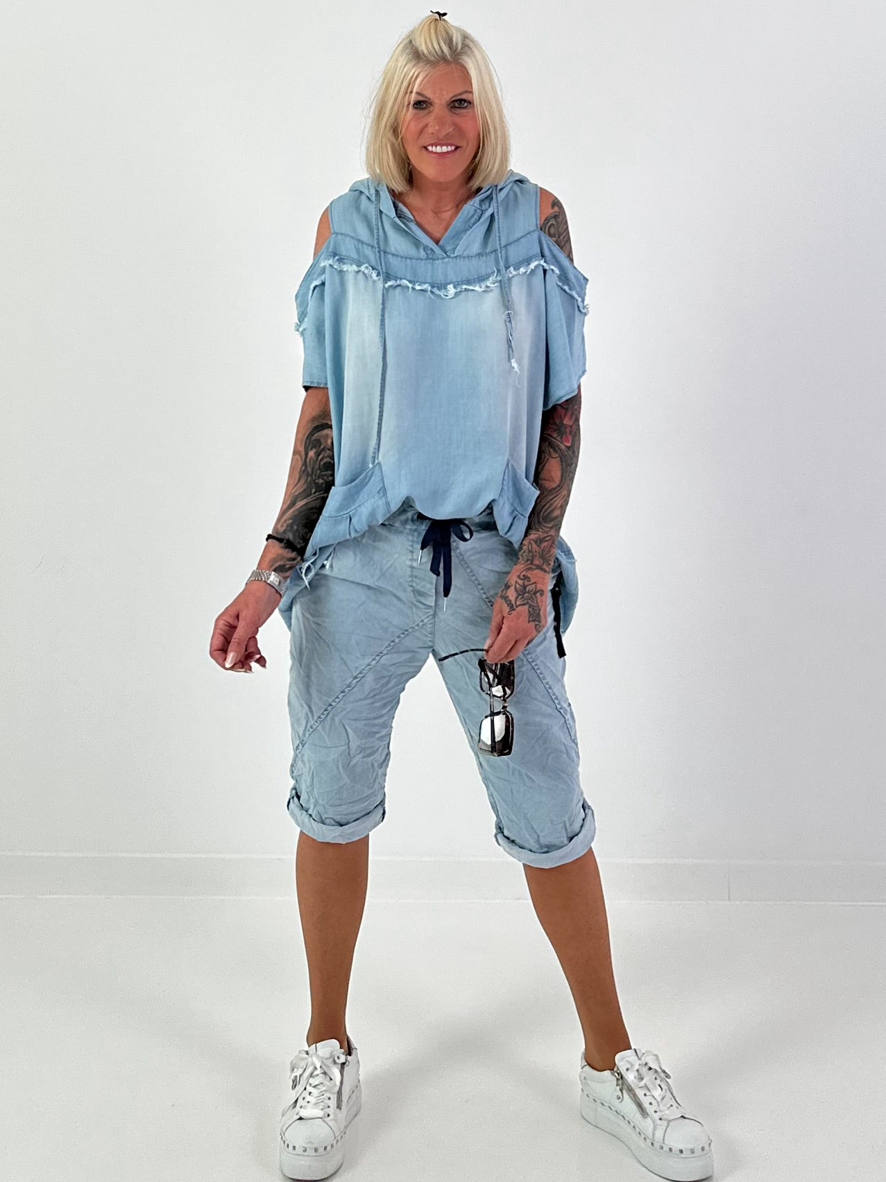Jeans Shirt with Off-Shoulder Cut-Outs - Light Blue (available from May 14, 2026)